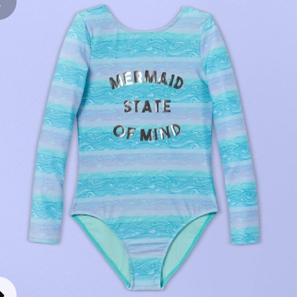 Girls' Long Sleeve Wave Stripe One Piece Swimsuit - Picture 1 of 8